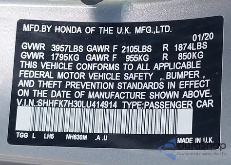 2020 Honda Civic Lx из США, поврежденный, VIN SHHFK7H30LU414914